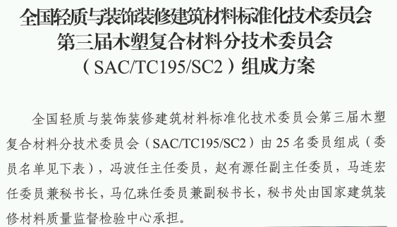 关于行业标准《第三届木塑复合材料分技术委员会》单位的公示